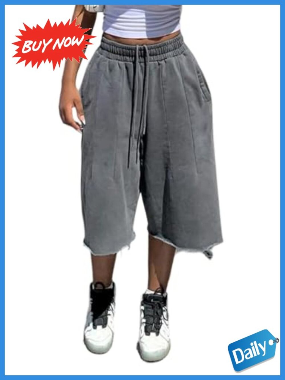 Women's Wide Leg Sweat Shorts Baggy Raw Hem Bermuda Sweatpant Jorts